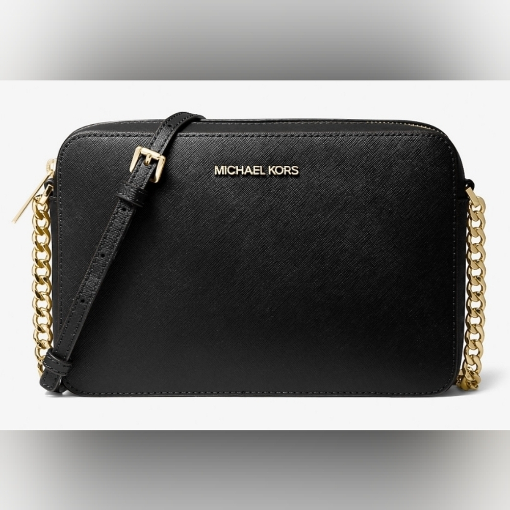 Michael Kors Jet Set Large Saffiano Leather Crossbody Bag Black Gold